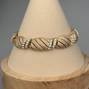 Vintage Trifari Bracelet Gold Tone Faux Rhinestones Textured MCM Elegant
